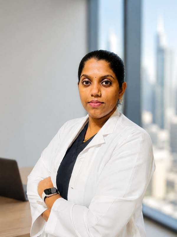 Asha Rani PS in a white clinical coat, arms folded, in an office overlooking the Dubai skyline
