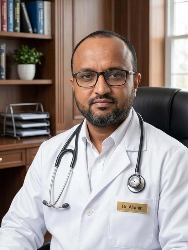 Dr. Alamin Abdalbagy Alamin Mohammed seated at a desk in a white coat with a stethoscope