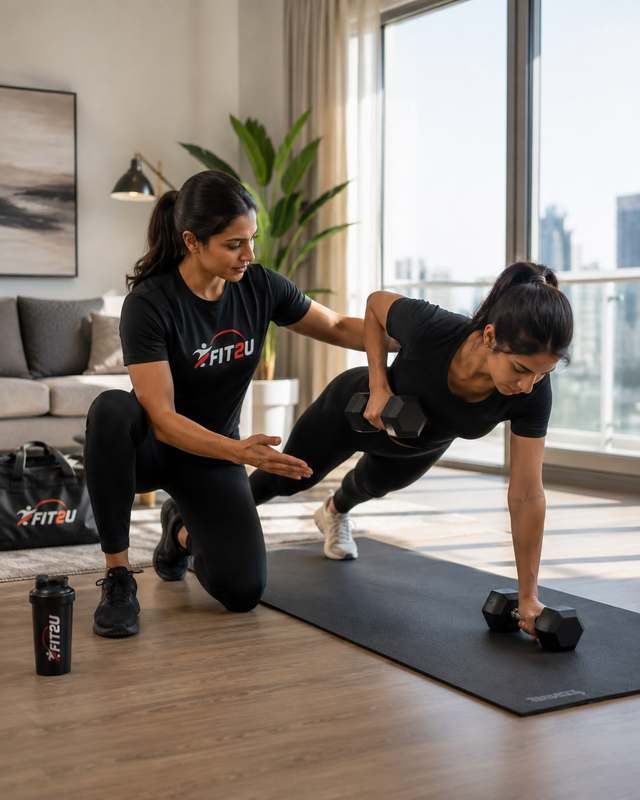 A FIT2U trainer kneeling beside a client, coaching her through a dumbbell row on a mat in a Dubai apartment